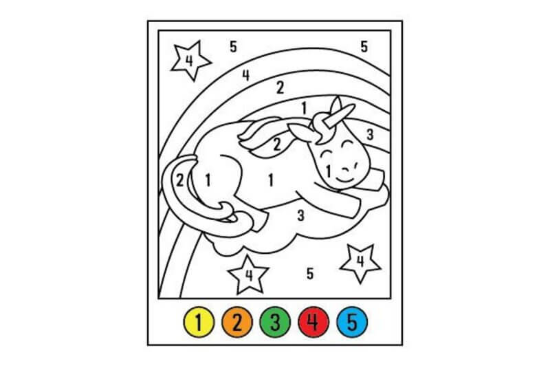 Coloriage Magique Licorne dormant sur l’arc-en-ciel coloré par numéro.