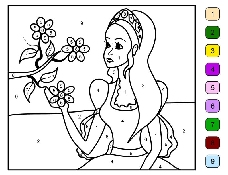 Princesse et fleurs coloriage magique
