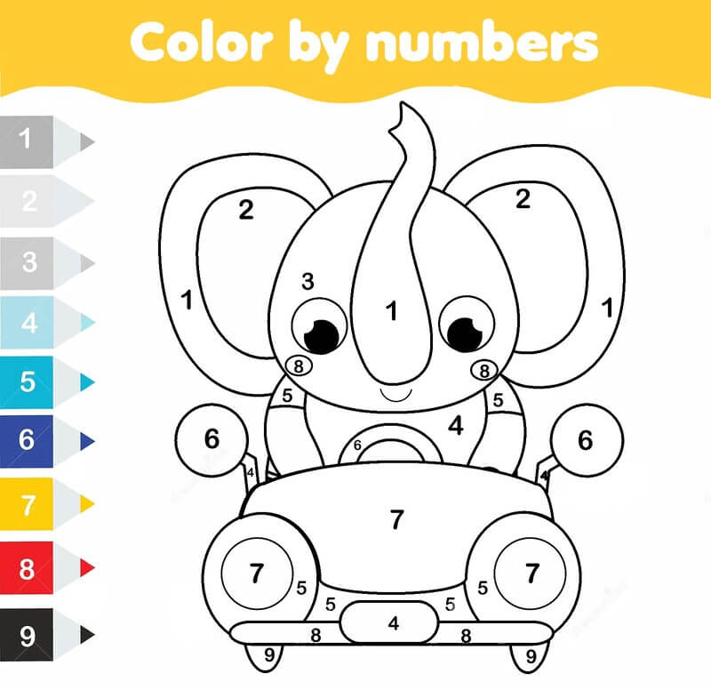 L'éléphant avec la voiture de course coloriage magique