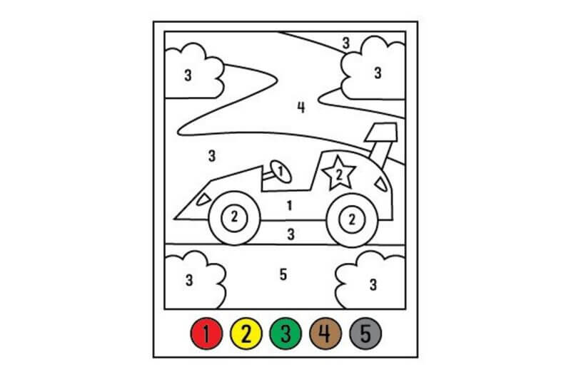 Voiture de course sur la route coloriage magique