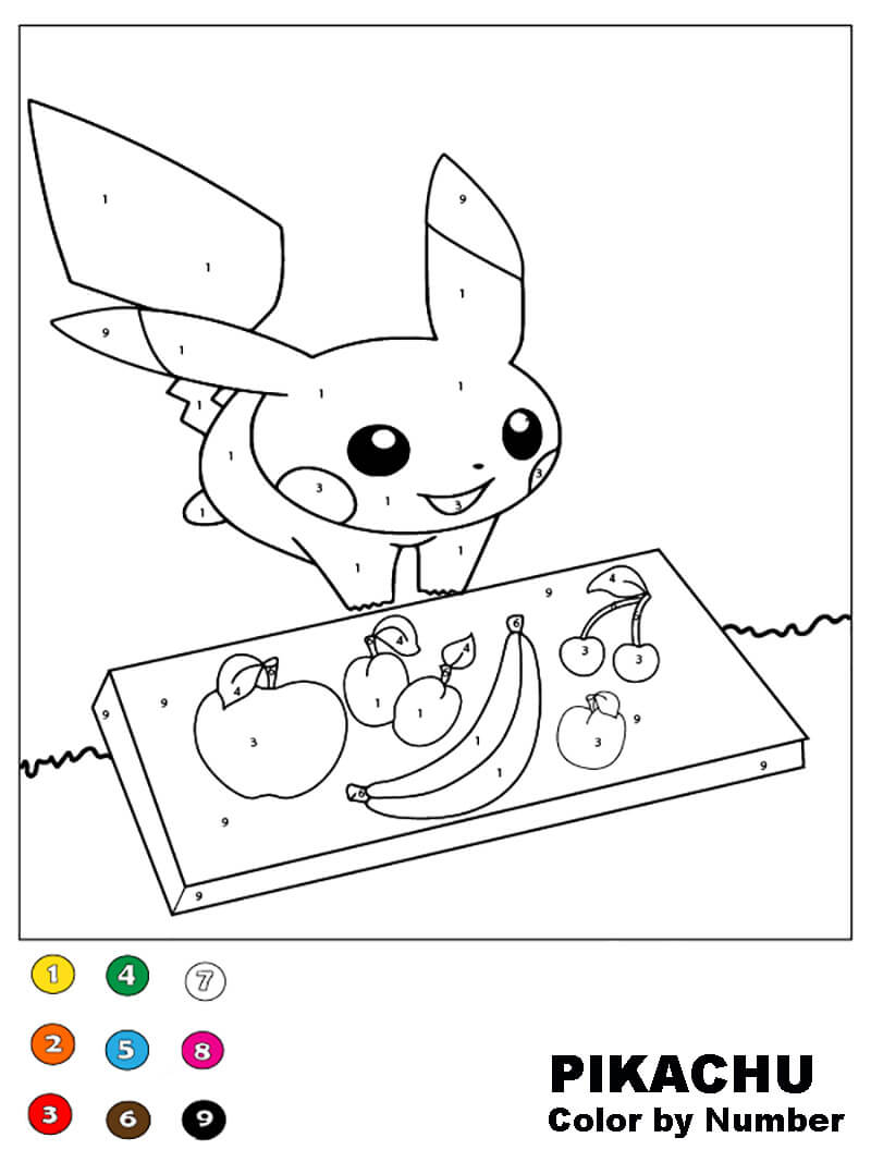 Pikachu avec des fruits coloriage magique