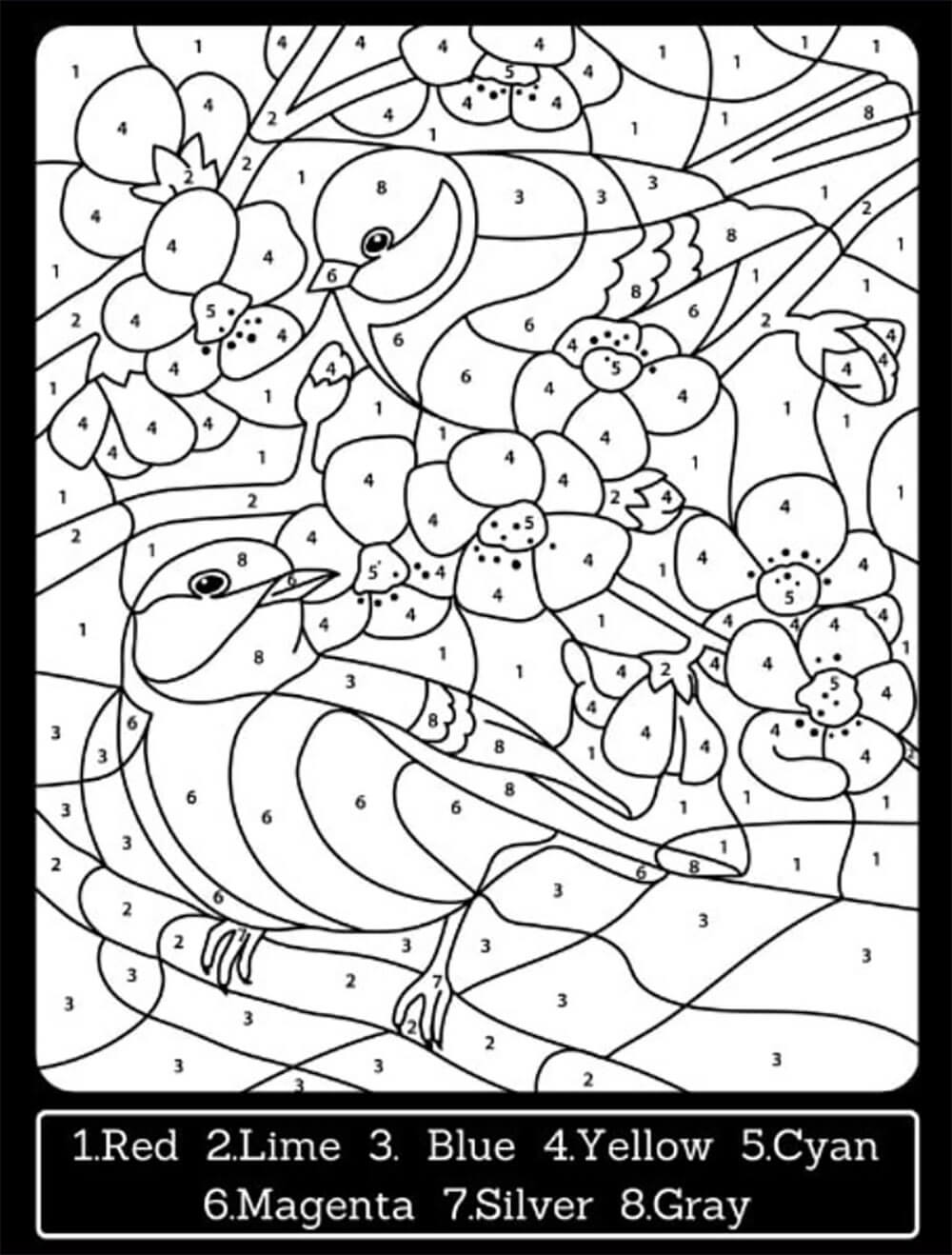 Beau paysage avec des oiseaux Coloriage Magique