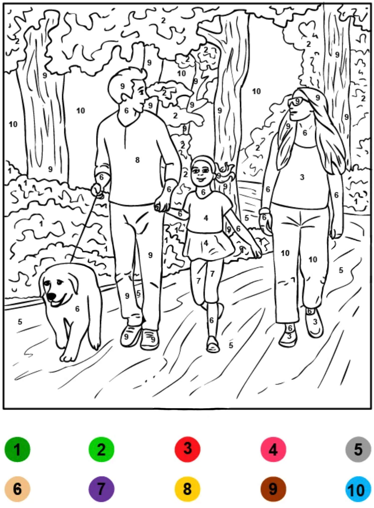 Famille heureuse dans la forêt Coloriage Magique