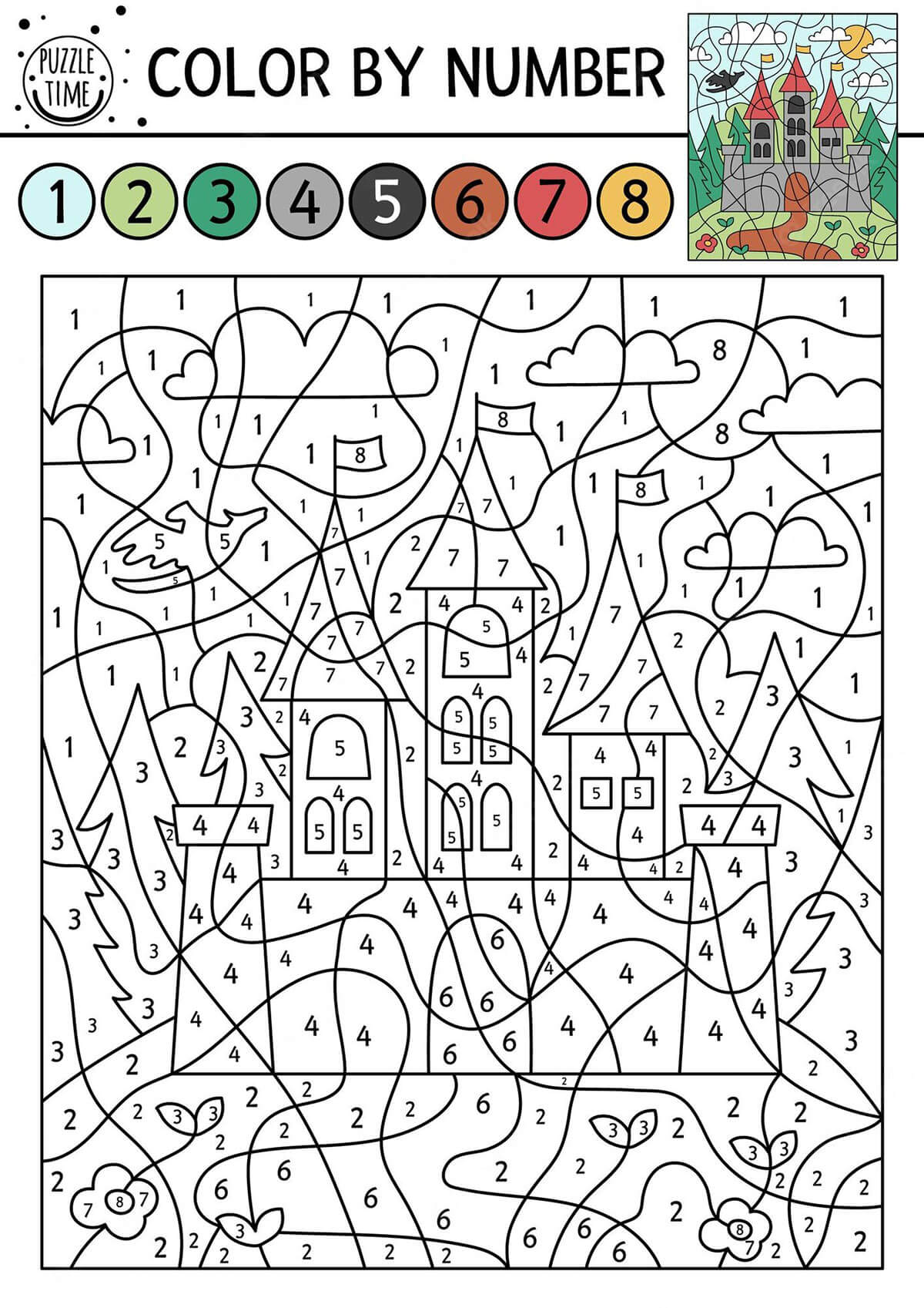 Paysage et château Coloriage Magique