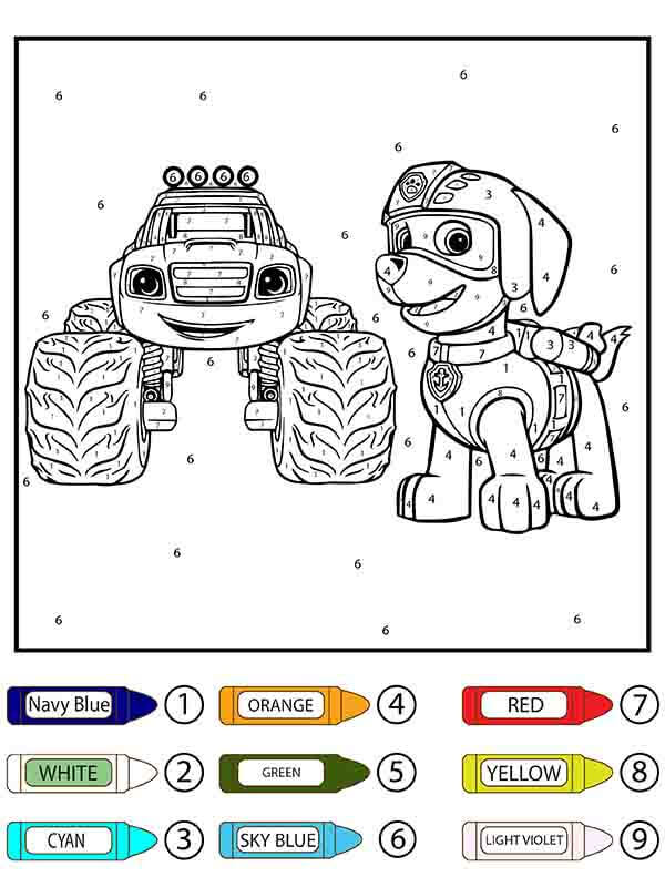 Marshall et la voiture de dessin animé Coloriage Magique
