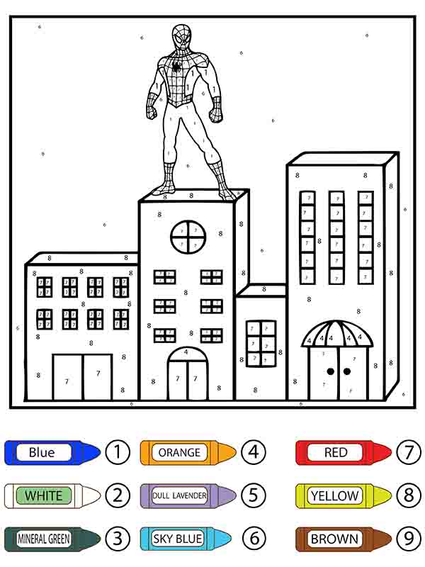 Spiderman debout sur un bâtiment Coloriage Magique