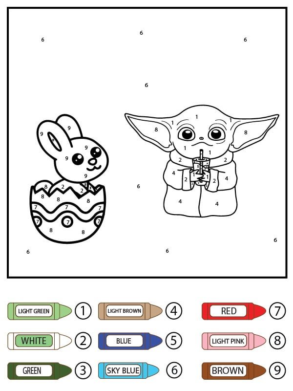 Bébé Yoda avec un œuf de Pâques Coloriage magique