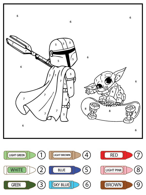 Bébé Yoda en skateboard et personnage dans Star Wars Coloriage magique