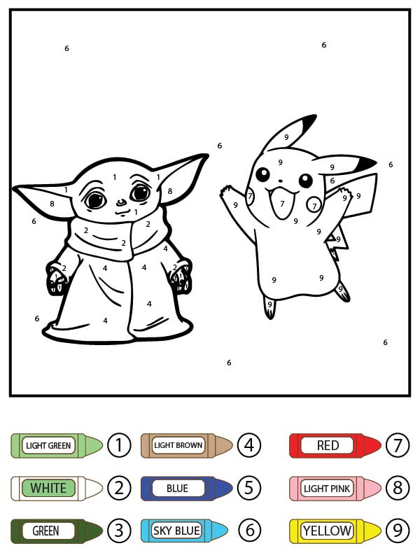 Bébé Yoda et Pikachu Coloriage magique