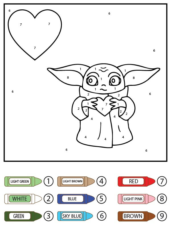 Bébé Yoda tenant un cœur Coloriage magique