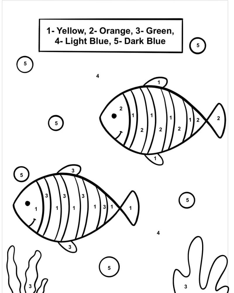 Coloriage numéroté de deux poissons arc-en-ciel