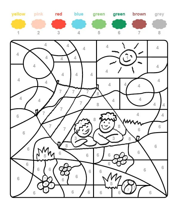 Deux garçons en camping coloriage magique
