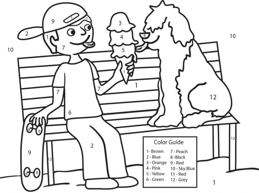 Garçon et chien mangeant de la glace coloriage magique