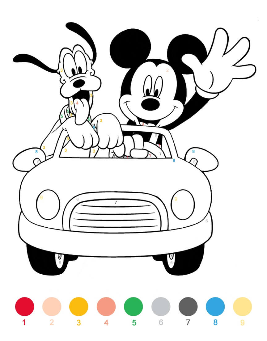 Mickey et Pluto conduisant une voiture coloriage magique
