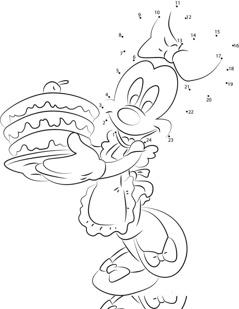 Minnie Mouse tenant un gâteau d'anniversaire coloriage magique
