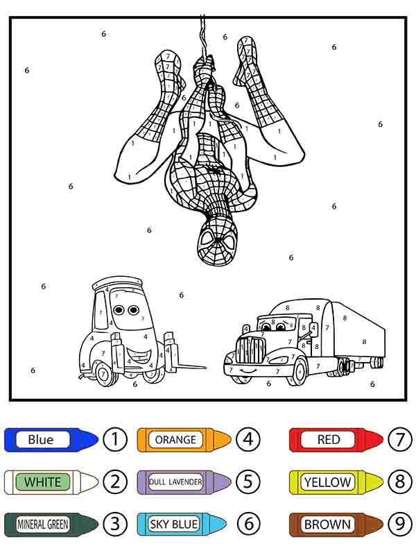 Spiderman suspendu la tête en bas et véhicules Lego coloriage magique