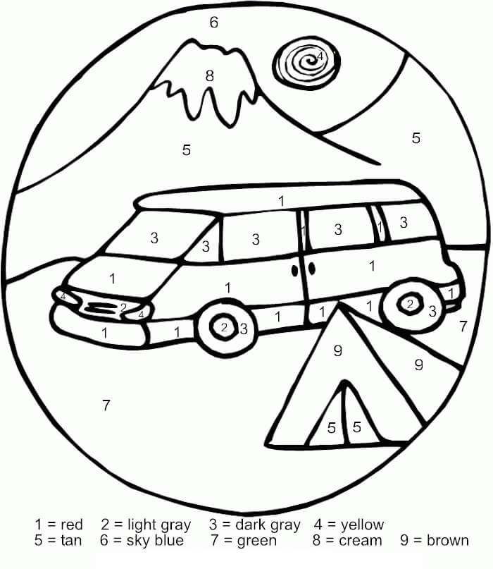 Voiture en camping coloriage magique