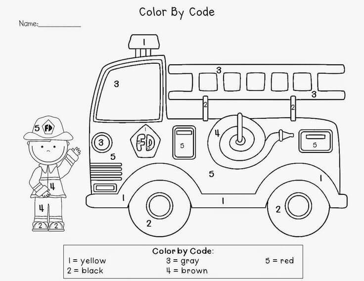 Pompier et camion de pompiers Coloriage magique