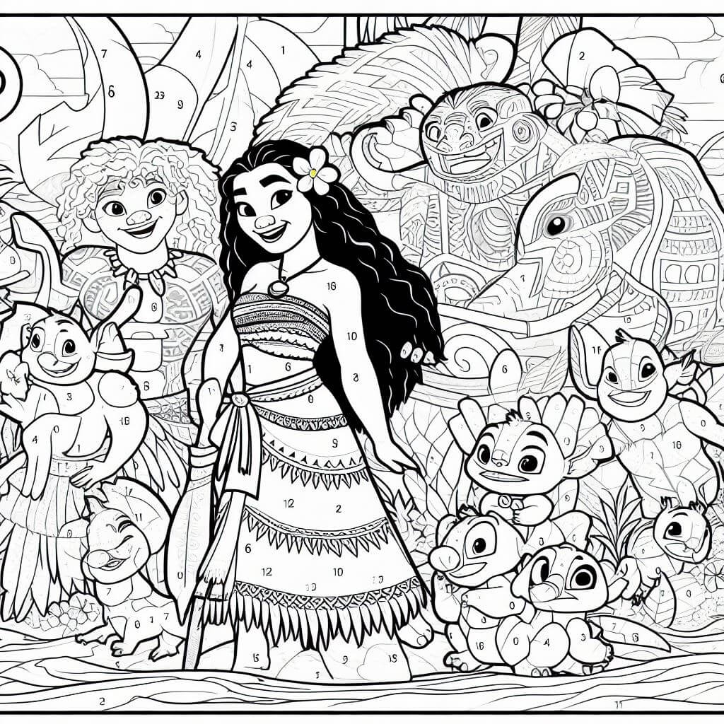 Vaiana avec des amis Coloriage Magique