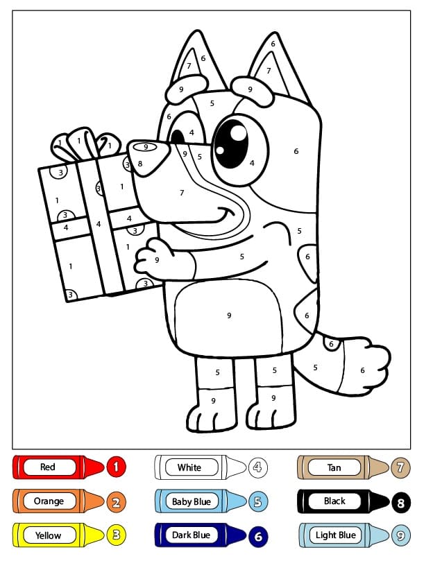 Bluey avec un cadeau Coloriage Magique