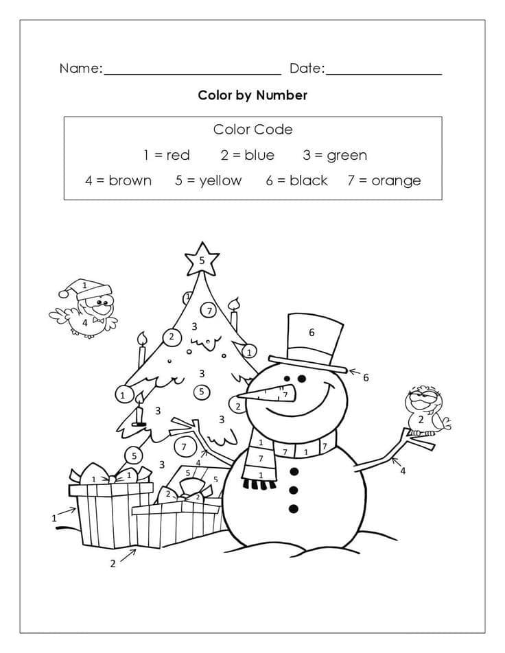 Bonhomme de neige avec des oiseaux Coloriage magique