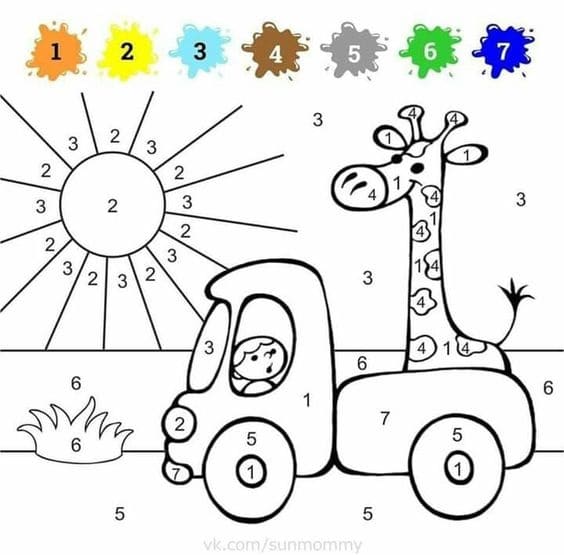 Girafe sur la voiture Coloriage Magique