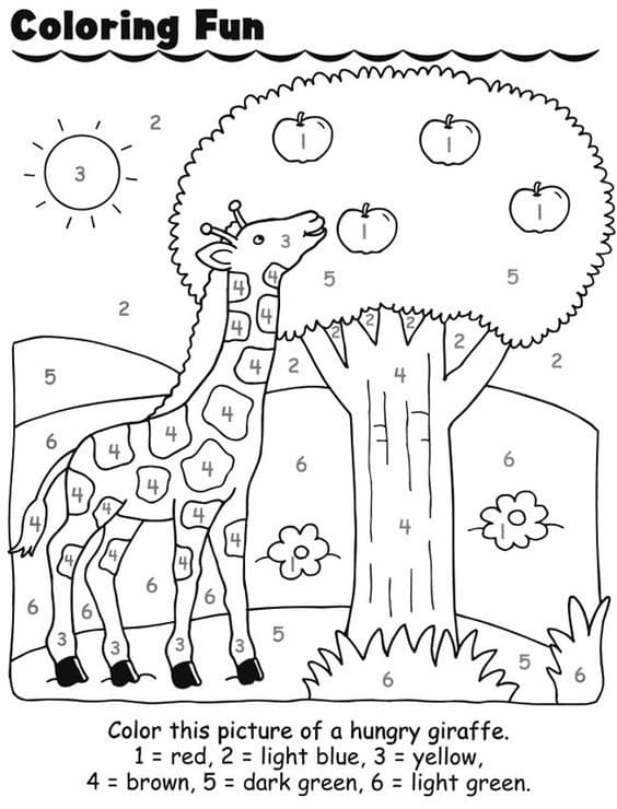 La girafe mange des pommes Coloriage Magique