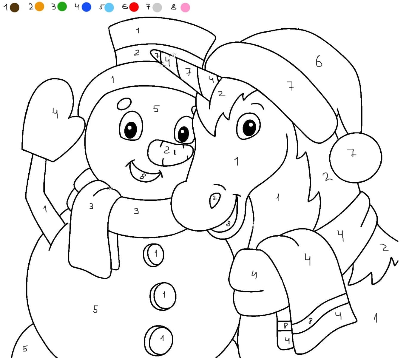 Licorne et bonhomme de neige Coloriage magique