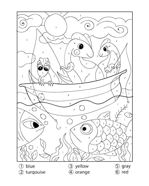 Dinosaures sur un bateau Coloriage magique