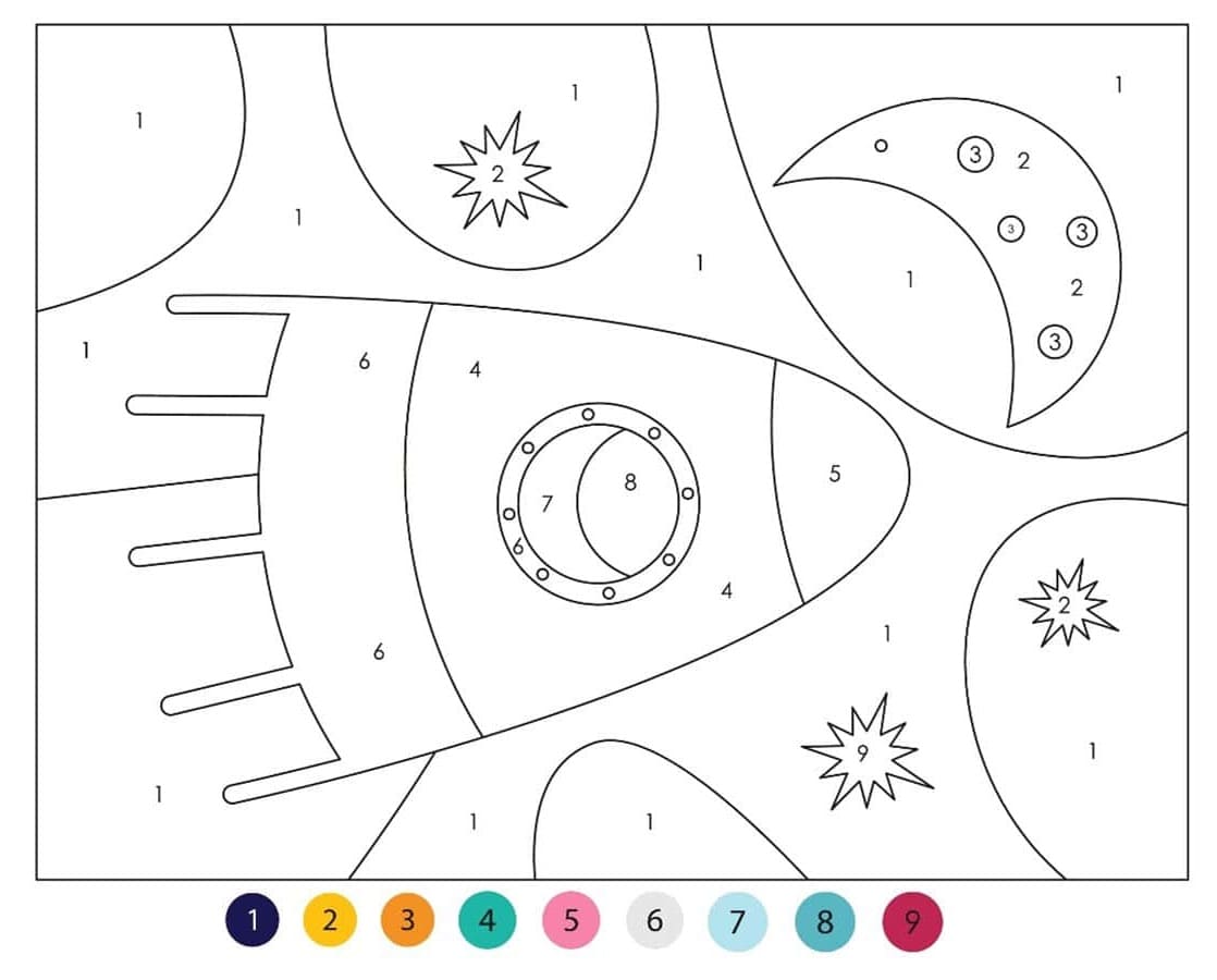 La lune et la fusée Coloriage magique