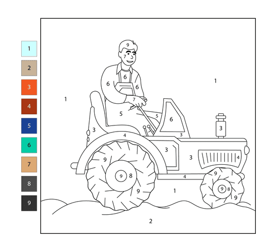Agriculteur conduisant un tracteur Coloriage Magique