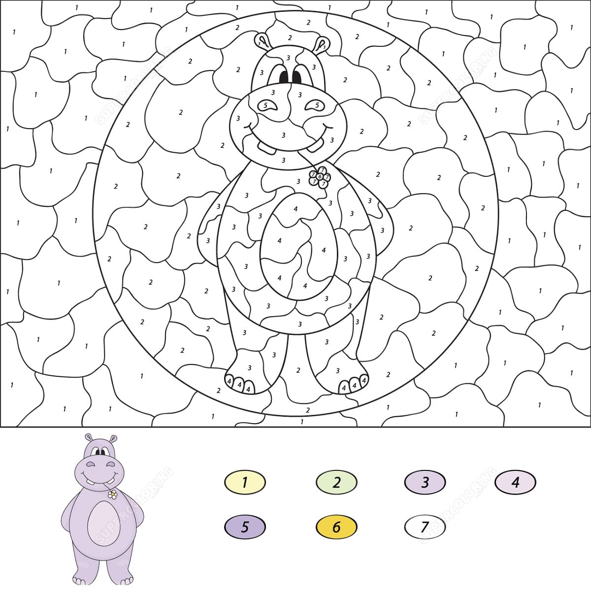 Hippopotame de dessin animé Coloriage magique