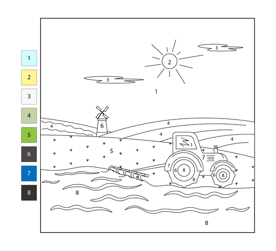 Tracteur dans le champ Coloriage Magique