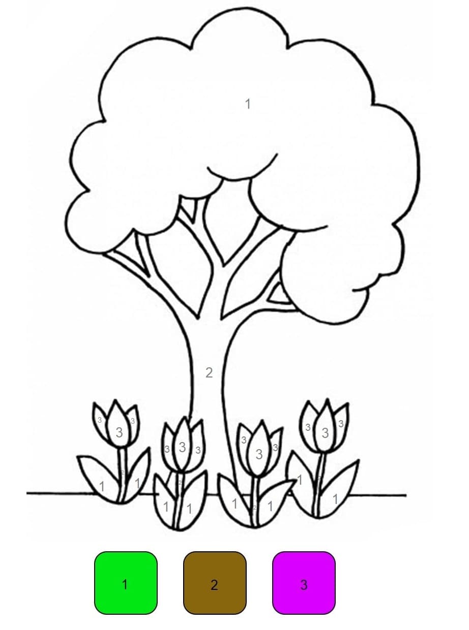 Arbre et tulipes Coloriage Magique