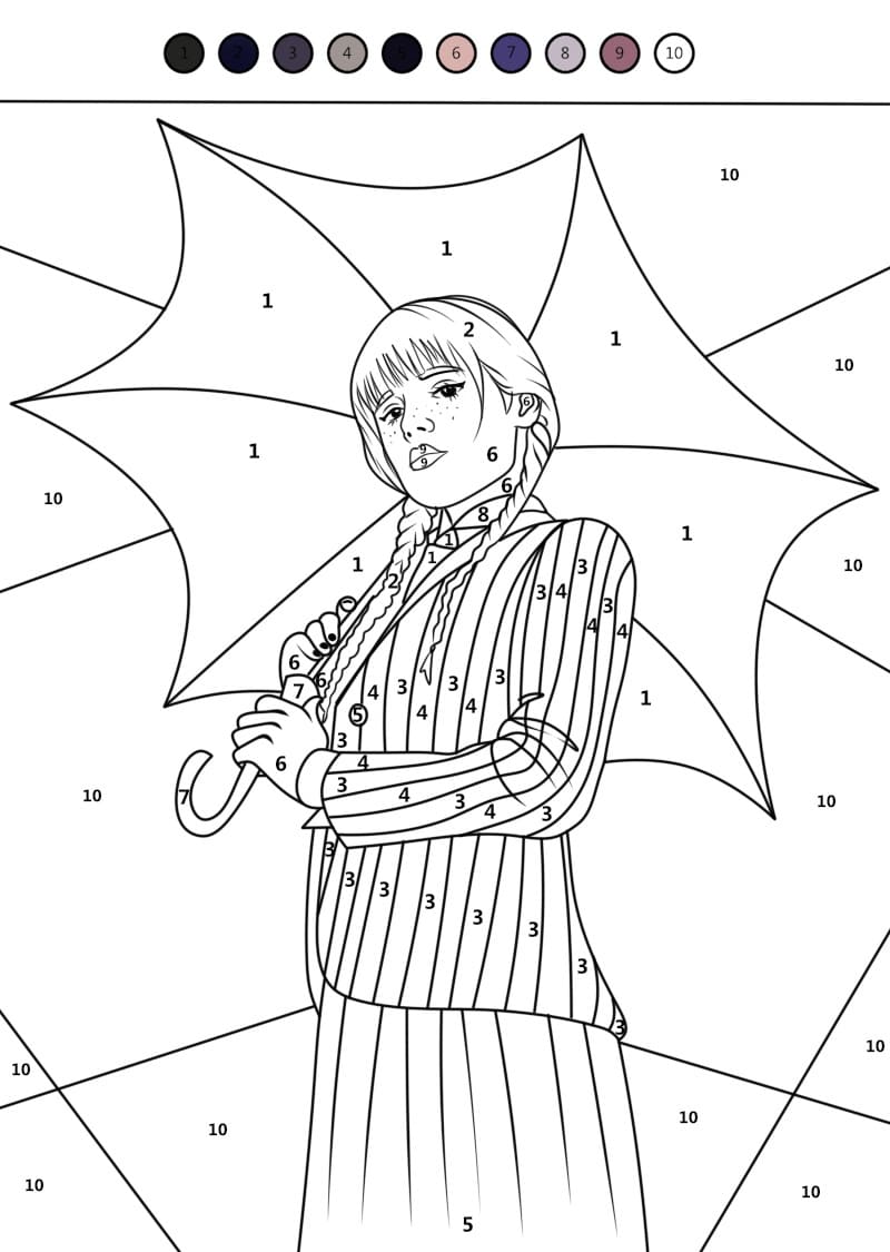 Mercredi et le parapluie Coloriage Magique