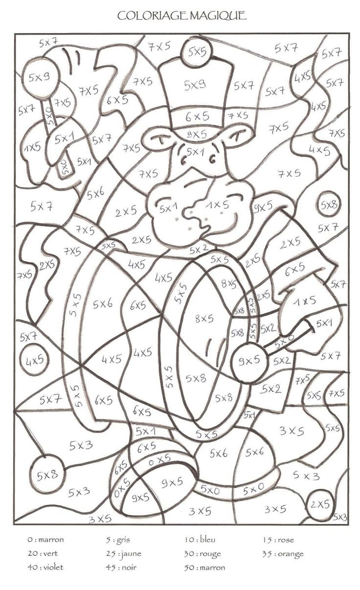 Hippopotame qui joue du tambour coloriage magique CM2