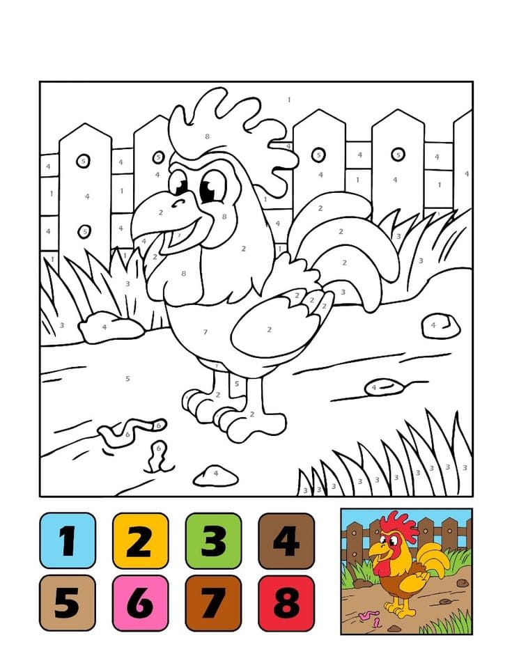 Coloriage Magique Le coq gratte pour trouver des vers coloriage magique GS