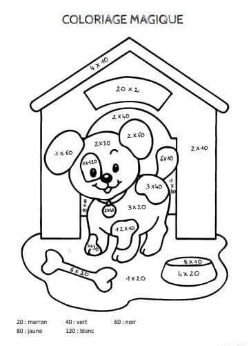 un chien dans sa maison coloriage magique CM2