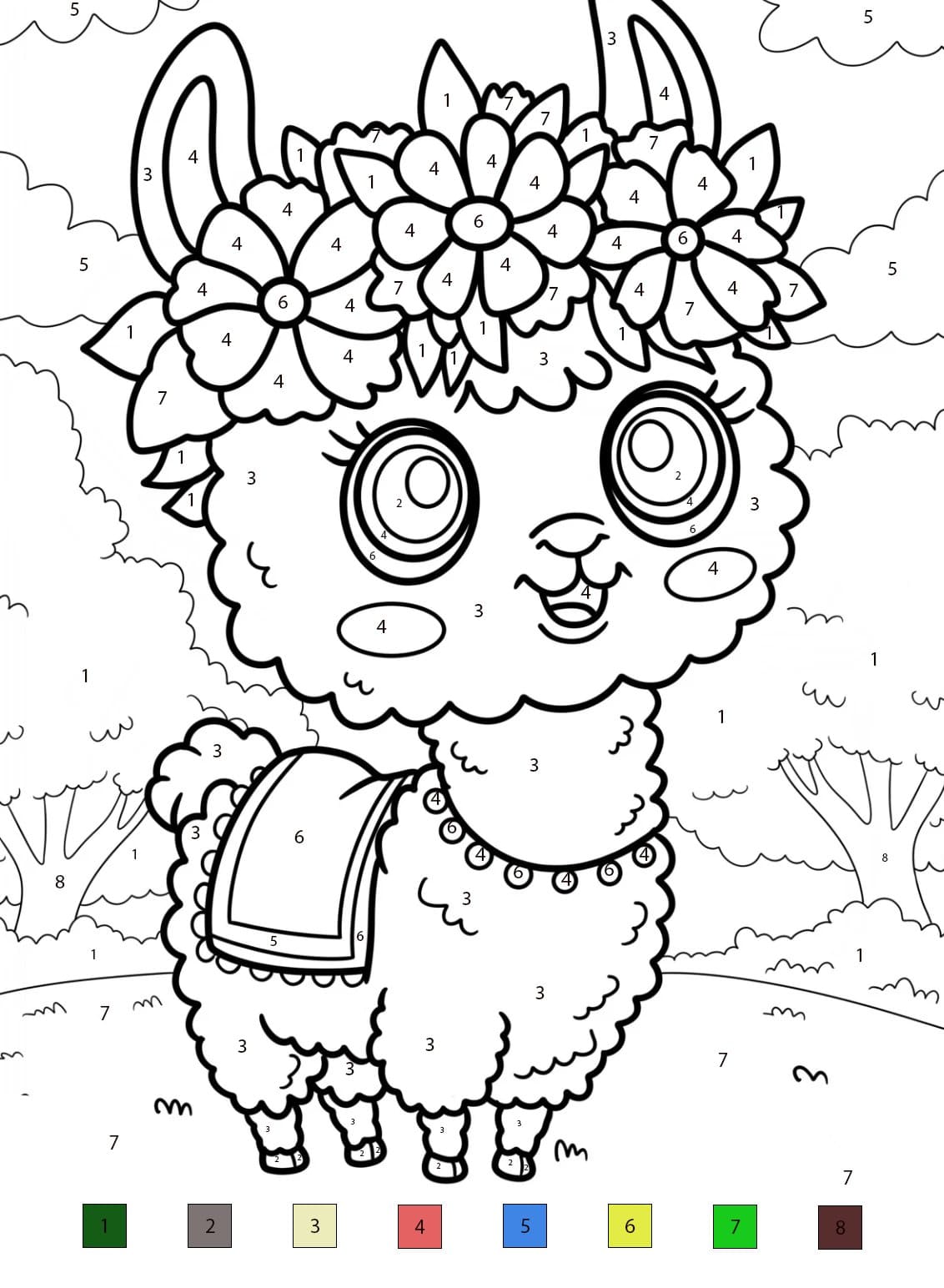 Lama et Fleurs Coloriage Magique