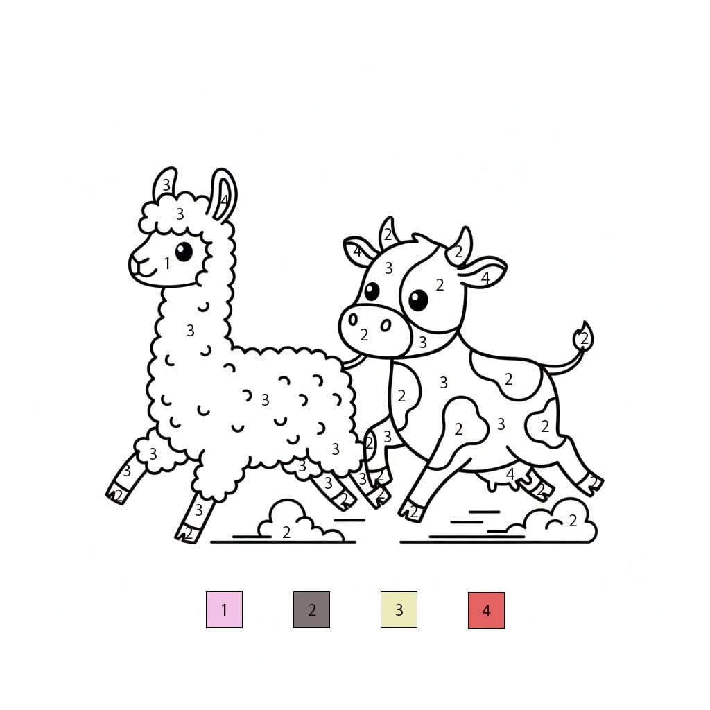 Lama et Vache Coloriage Magique