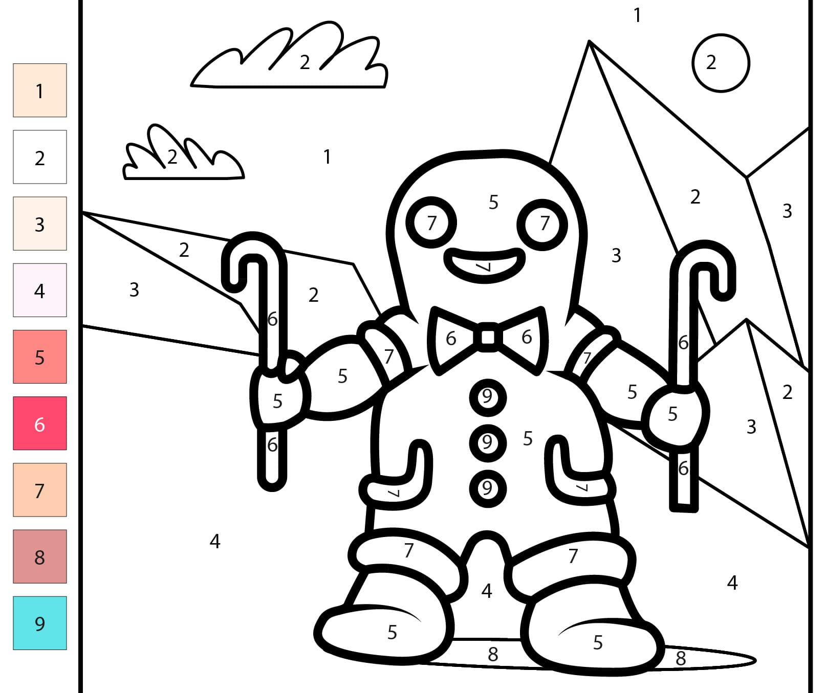 Bonhomme en pain d'épice qui fait du ski Coloriage Magique
