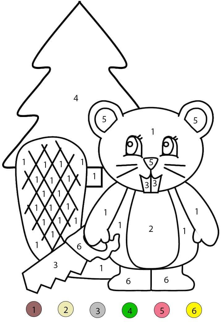 Castor et un pin Coloriage Magique