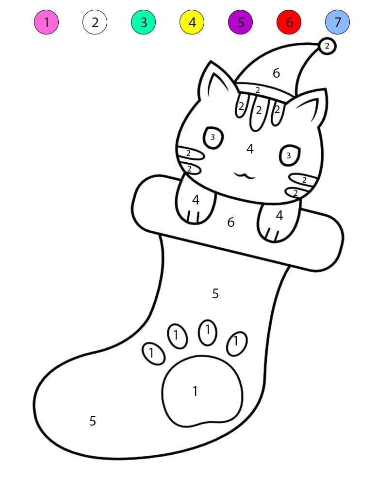 Chaussette de Noël avec un chat Coloriage Magique