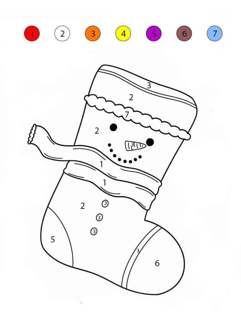 Chaussette de Noël en forme de bonhomme de neige Coloriage Magique