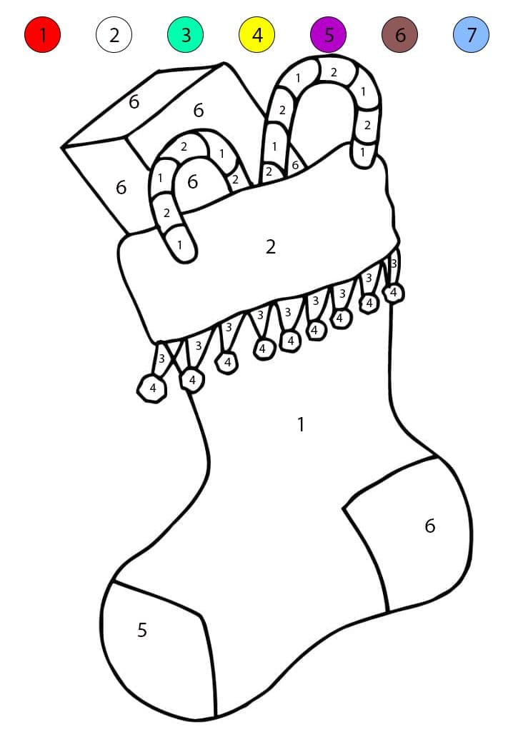 Chaussette de Noël remplie de cadeaux Coloriage Magique