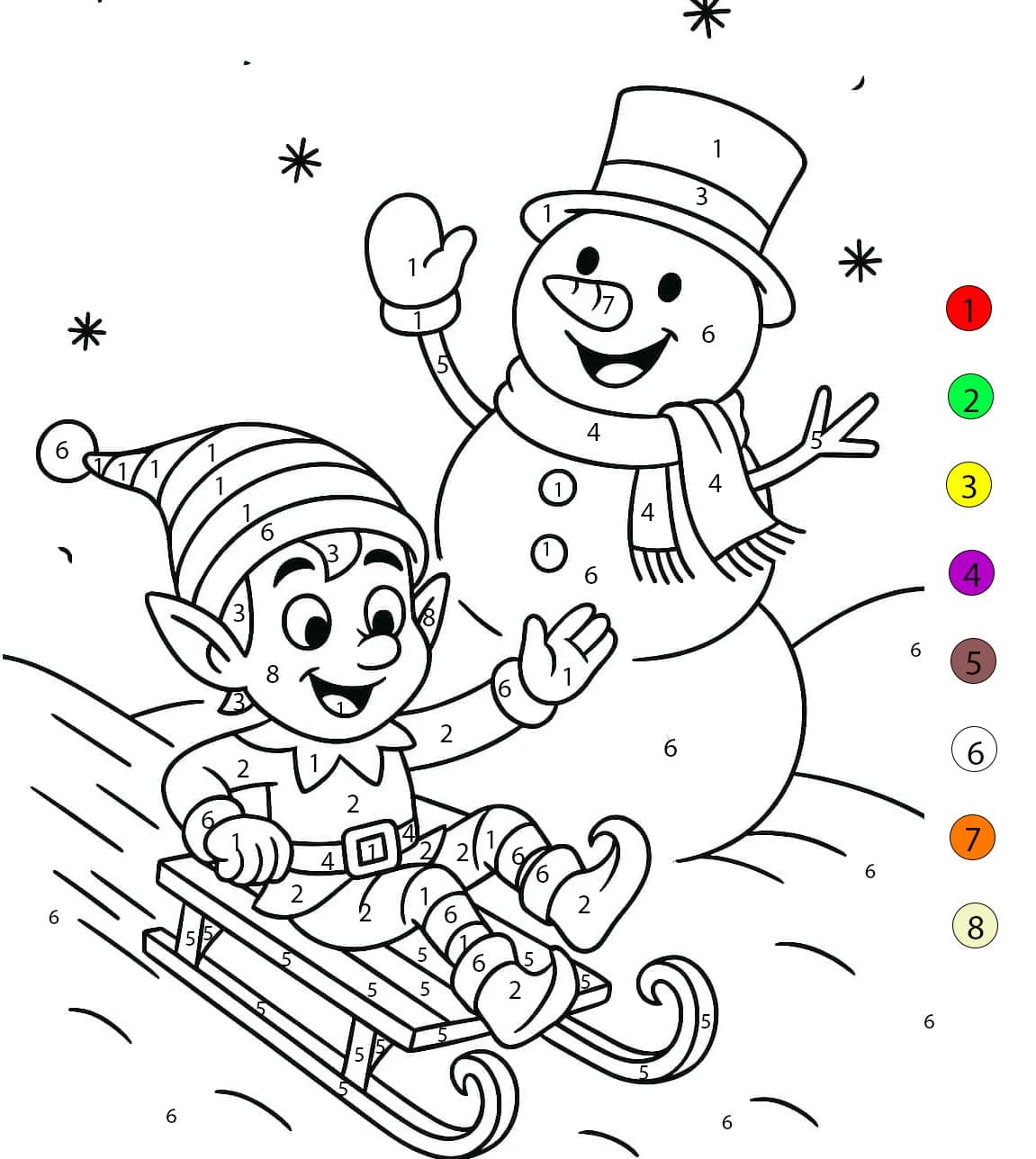Elfe et bonhomme de neige Coloriage Magique
