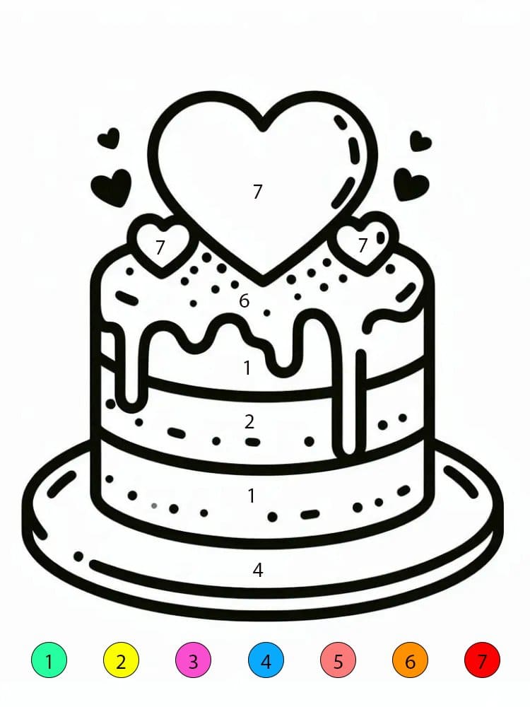 Gâteau d'anniversaire avec des cœurs Coloriage Magique