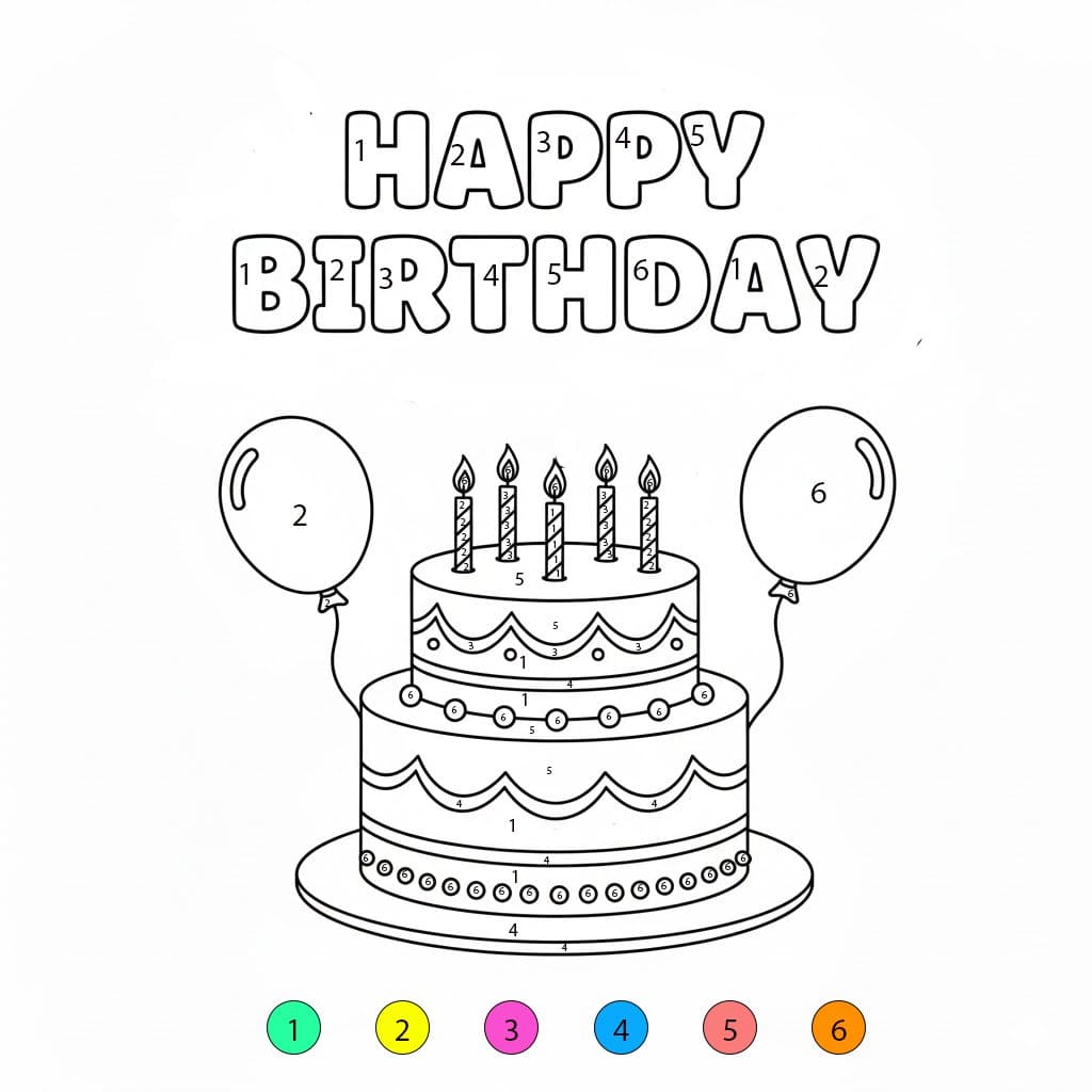 Gâteau d'anniversaire et ballons Coloriage Magique