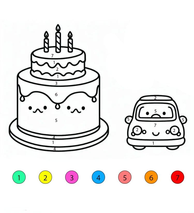 Gâteau d'anniversaire et voiture miniature Coloriage Magique