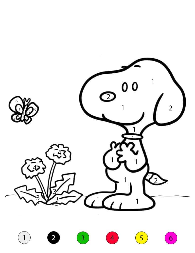 Snoopy avec des fleurs et un papillon Coloriage Magique